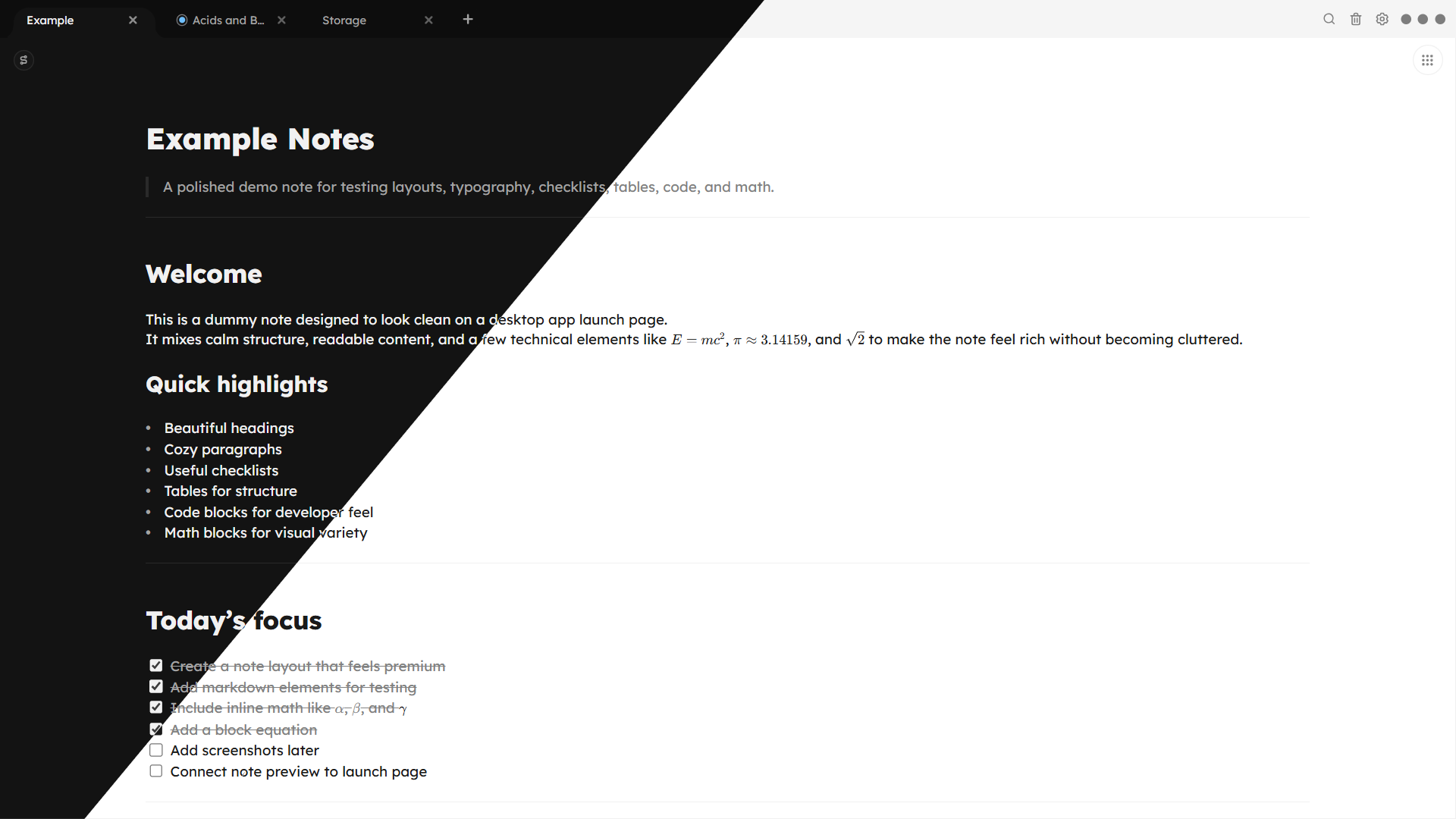 Noto interface split between dark mode and light mode.