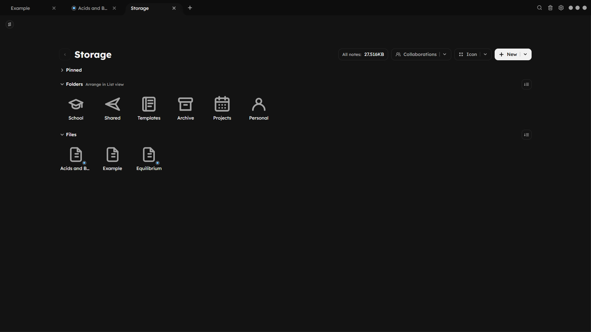 Noto storage screen shown in icon view.
