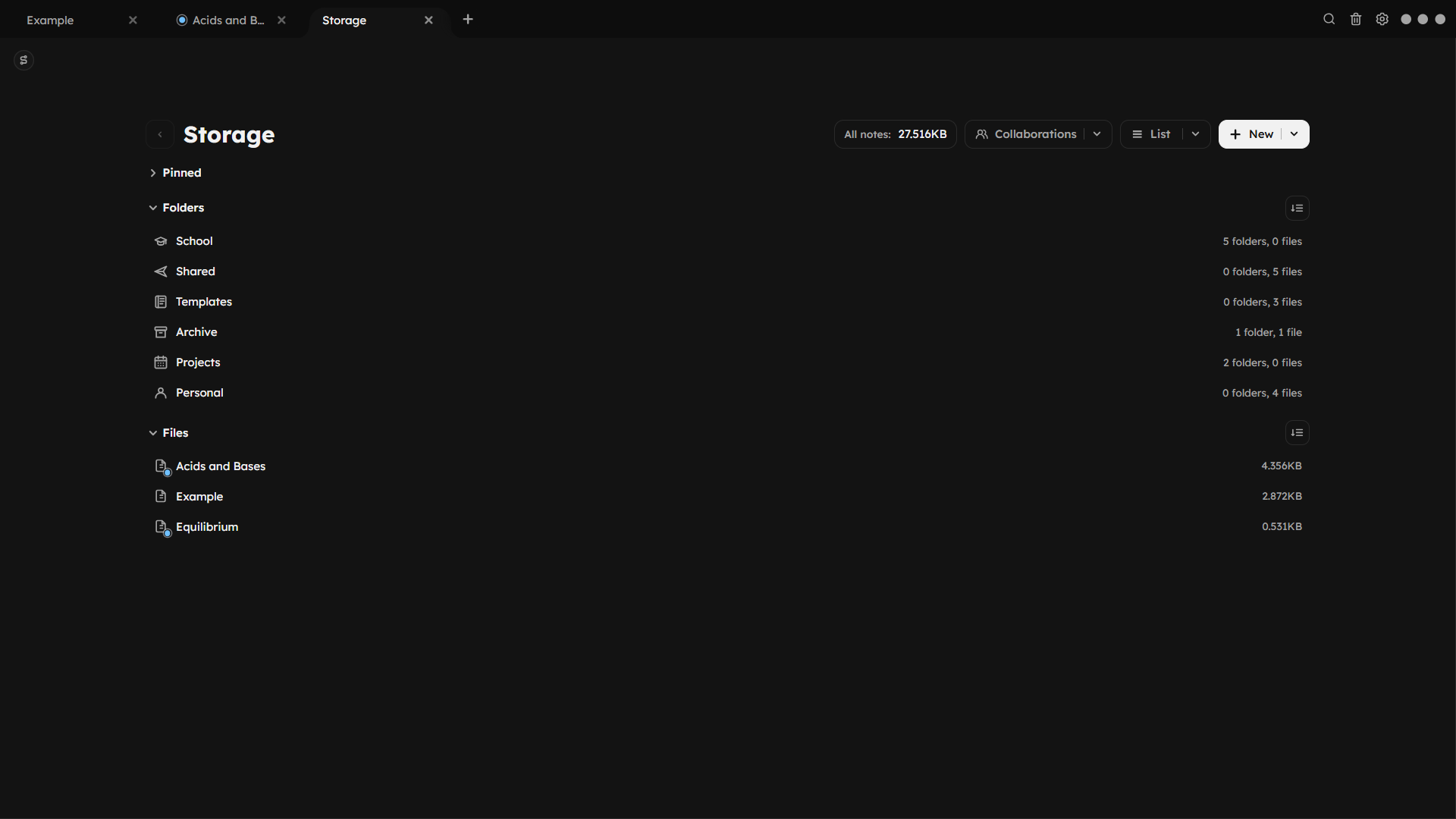 Noto storage screen shown in list view.